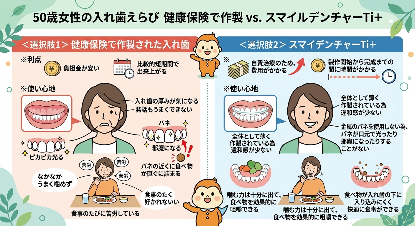 部分入れを保険適用で作製した場合と、自費治療で作製した場合のその後の食生活の選択肢比較図